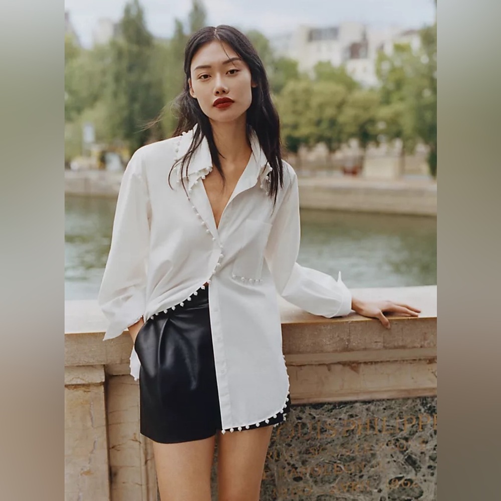 MeMeMe By Anthropologie White Buttondown W/ Pearl Accents